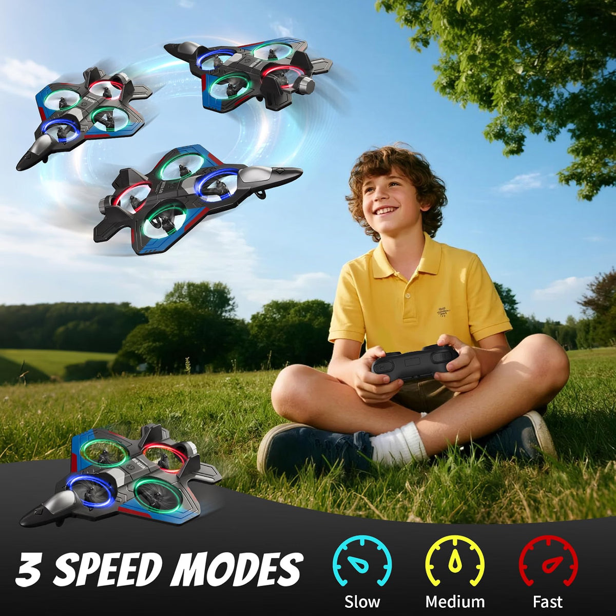 4DRC 4D-V50 Remote Control Airplane for Kids & Adults, 360° Stunt RC Fighter Aircraft with Headless Mode, Altitude Hold, 3-Speed Modes, LED Lights & Hand-Throw Takeoff, Black