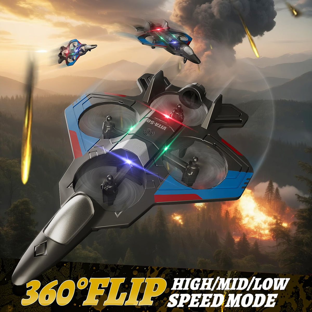 4DRC 4D-V50 Remote Control Airplane for Kids & Adults, 360° Stunt RC Fighter Aircraft with Headless Mode, Altitude Hold, 3-Speed Modes, LED Lights & Hand-Throw Takeoff, Black