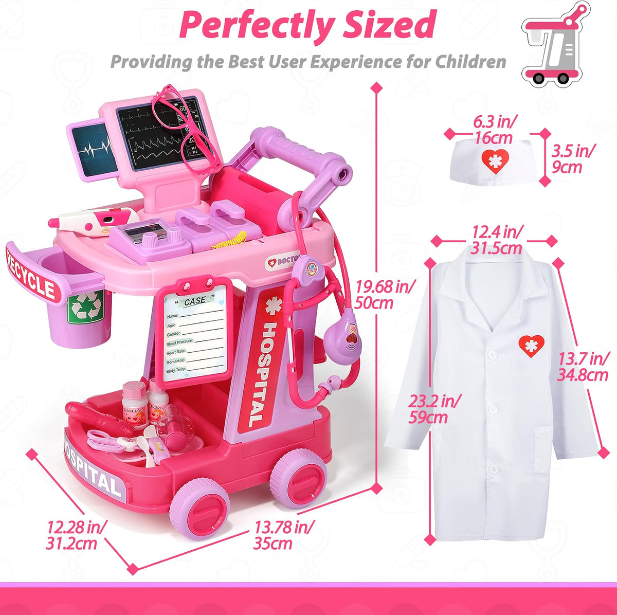 Liberry Kids Doctor Kit Toy with Pretend Doctor Cart, Medical Tools, Costume, Sound & Light Effects, Educational Role Play Set for Toddlers Ages 2-5, Pink