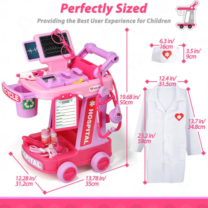 Liberry Kids Doctor Kit Toy with Pretend Doctor Cart, Medical Tools, Costume, Sound & Light Effects, Educational Role Play Set for Toddlers Ages 2-5, Pink