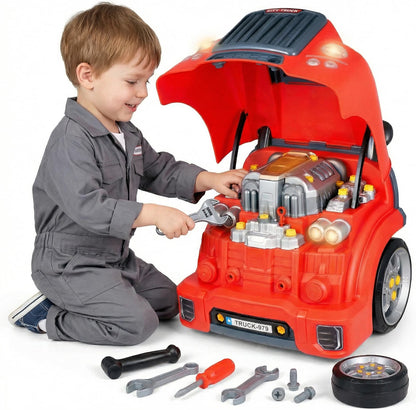POFJOEQ Interactive Truck Engine Toy, Removable Parts Kids Mechanic Repair Set with Electric Drill, Lights & Sounds, Pretend Auto Service Station for Ages 3–5, Red