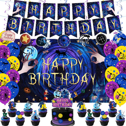 tetcuican 40-Piece Horror Birthday Party Decorations, Blue & Purple Gothic Theme Set with Banner, Balloons, Backdrop, Hanging Swirls, Cake & Cupcake Toppers