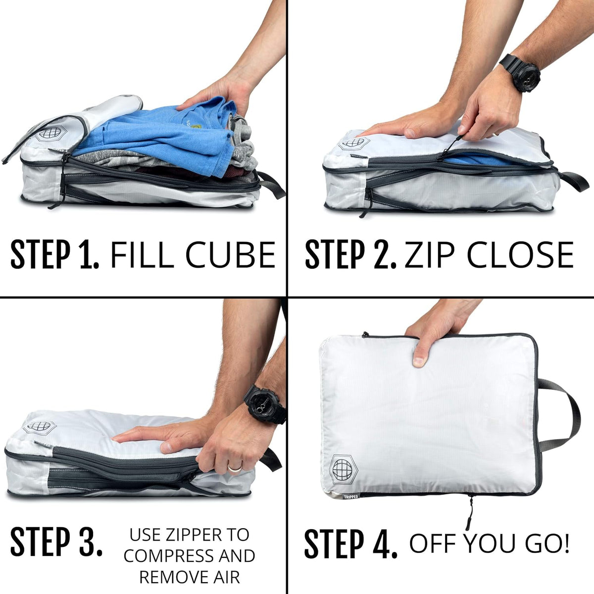 TRIPPED Travel Gear Large Compression Packing Cubes 4-Piece Set for Travel Expandable Compression Bags for Organized Storage in Checked Luggage and Suitcases