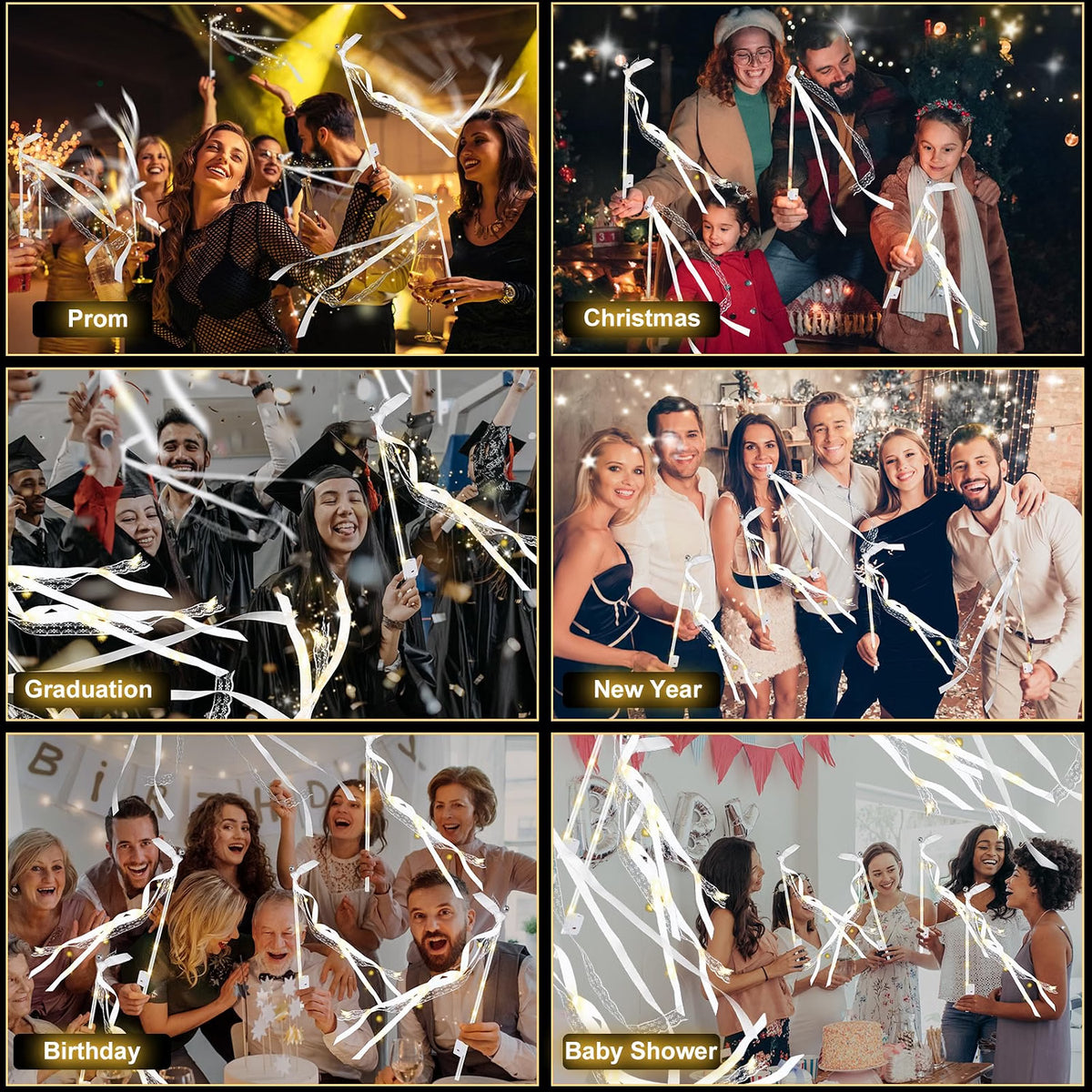 HONLYNE 100PCS Light Up Wedding Wands, LED Fairy Ribbon Wands with Bells, 3 Flashing Modes, Warm White Wedding Send-Off Streamers for Parties, Concerts & Celebrations