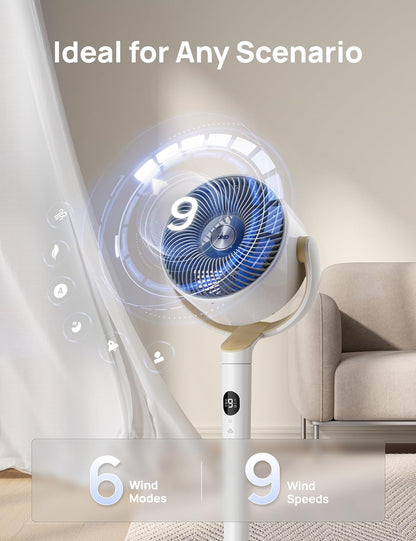DREO Smart Fan for Bedroom, 120° +120° Omni-Directional Oscillating Fans, 100ft Quiet Pedestal Fan with RGB Light, 9 Speeds, 6 Modes, 8H Timer, Wi-Fi/Voice/Alexa, 35-40" Floor Fans with Remote