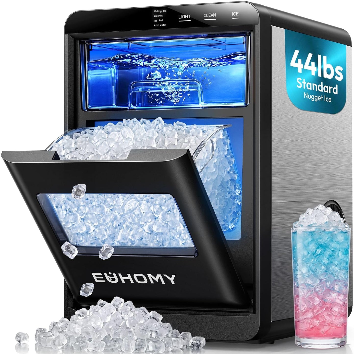 EUHOMY Nugget Ice Maker Countertop, 44Lbs/24H Sonic Ice Maker Machine, Self-Cleaning Pellet Ice Makers with Ice Scoop&Basket, Countertop Pebble Ice Maker for Home/Kitchen/Office