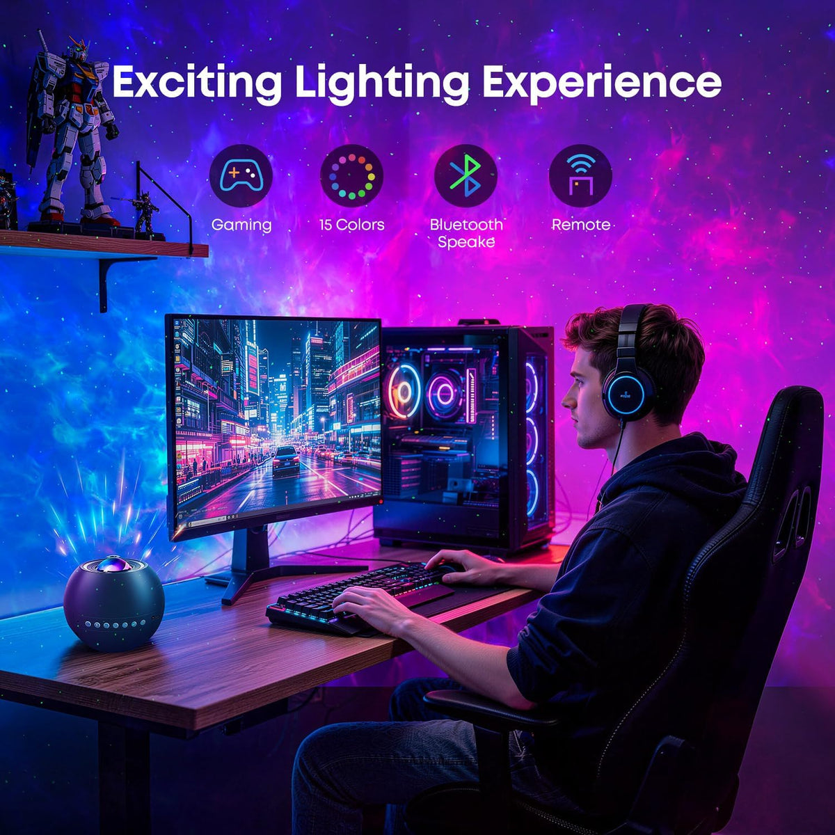 One Fire 360 Game Lights Galaxy Projector Gaming Accessories Gaming Room Decor Green Star Bluetooth Speaker+15 White Noise Man Cave Accessories Cool Gifts for Men Birthday Gift Cool Stuff for Teen Boy