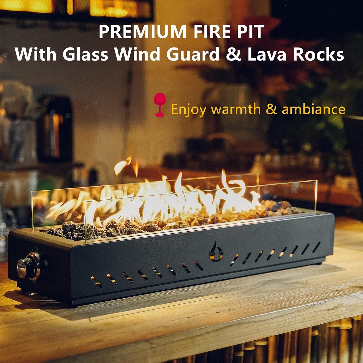 28" Gas Fire Pit Bottom-Mounted for Table with Umbrella Hole, FP044 Portable Smokeless Propane Fireplace with Lava Rock & Glass Shield for Outdoor Patio Backyard Camping RV Tailgating, 40000BTU