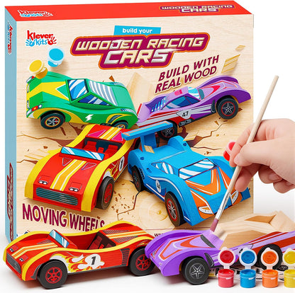 Klever Kits 4 DIY Wooden Race Cars Craft Kit, Build & Paint Your Own Wooden Race Cars, 44-Piece Arts & Crafts Set with Paints, Brushes, Stickers & Glue, Kids Ages 8+, Multicolor