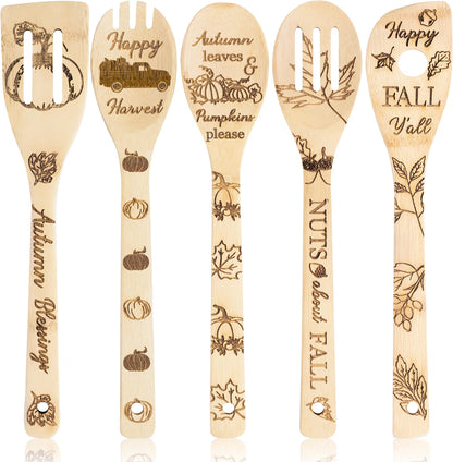 Eartim Autumn Wooden Cooking Utensil Set, 5-Piece Natural Bamboo Kitchen Spoon & Spatula Set with Seasonal Fall Designs, Non-Stick Cookware Tools, Autumn