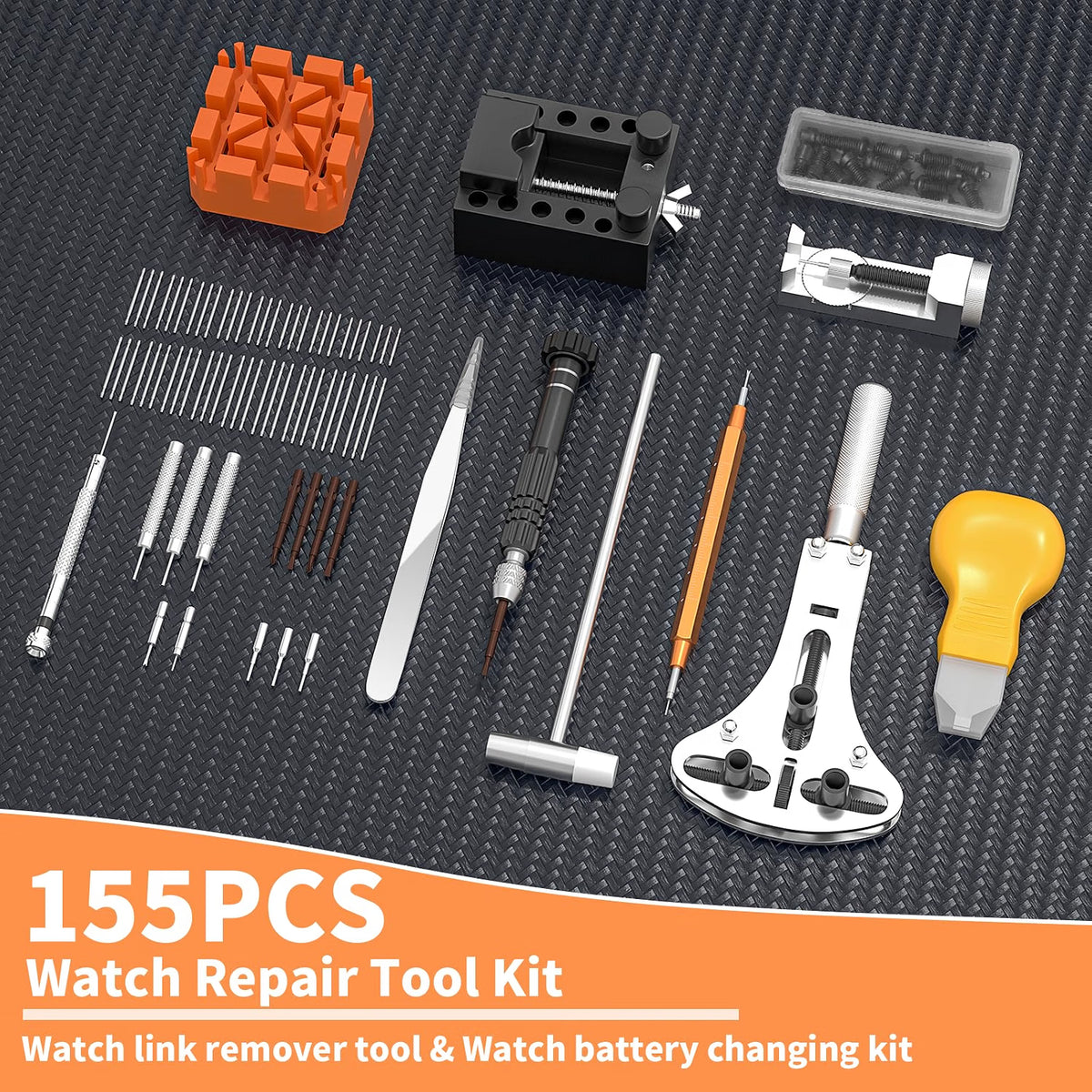 BYNIIUR 155-Piece Watch Repair Kit, Watch Link Removal & Battery Replacement Tool Set with XL 55mm Case Opener, Spring Bar Tools, Screwdrivers & Carrying Case