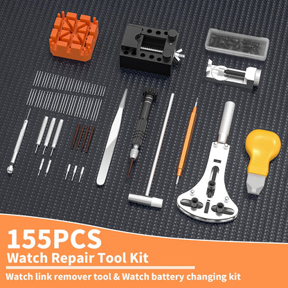 BYNIIUR 155-Piece Watch Repair Kit, Watch Link Removal & Battery Replacement Tool Set with XL 55mm Case Opener, Spring Bar Tools, Screwdrivers & Carrying Case