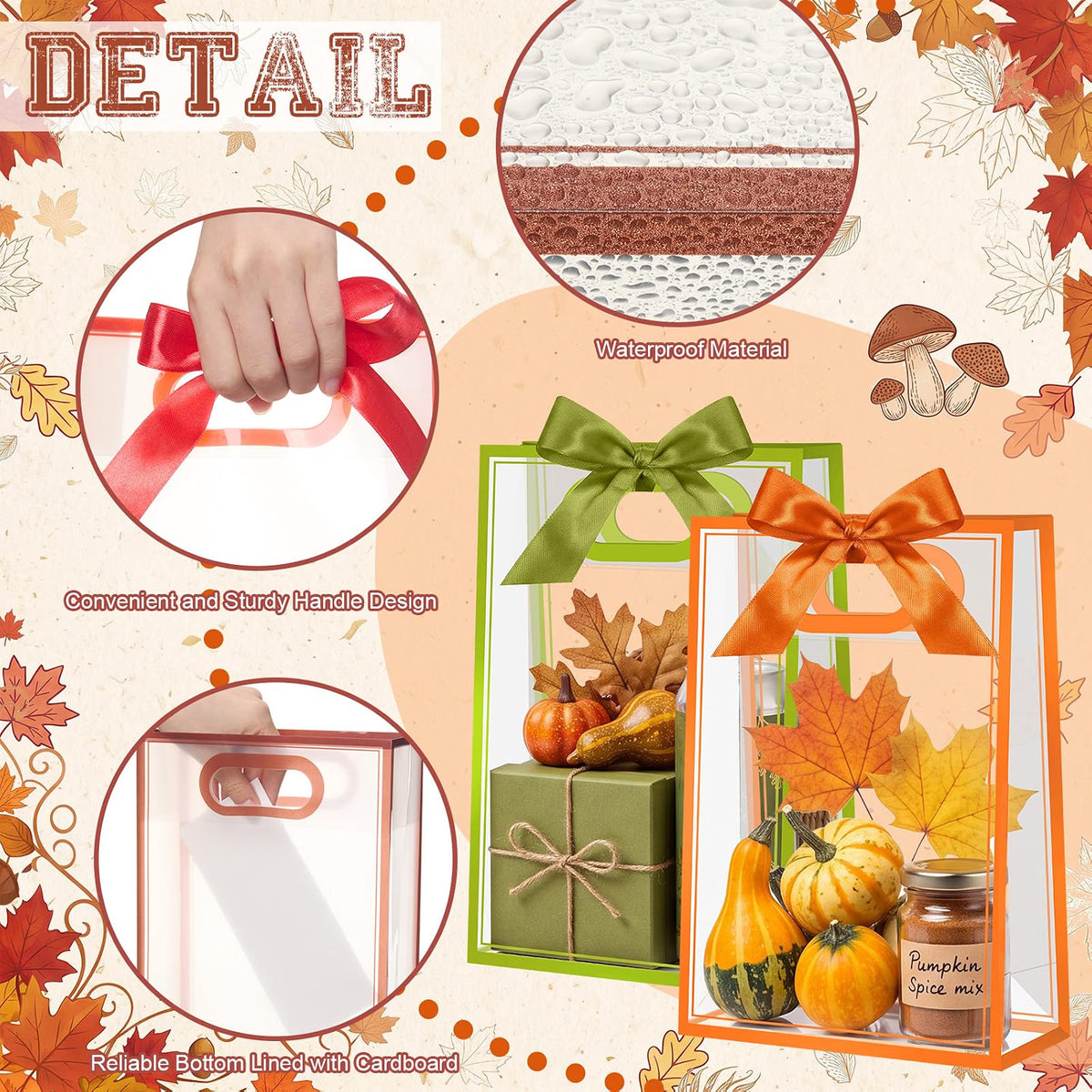 Mooliwe 12-Pack Fall Clear Plastic Gift Bags with Handles and Ribbons, Thanksgiving Goodie Bags for Candy, Small Gifts, Party Favors & Autumn Events