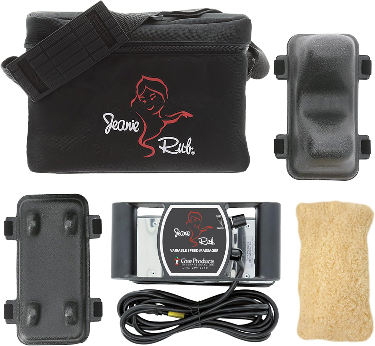 Core Products Jeanie Rub Professional Massage Kit with Variable Speed Massager, 500–4600 RPM, Paraspinal & Extremity Attachments, Carrying Bag, 120V