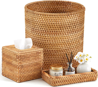 Teenyyou 3 Pcs Rattan Bathroom Accessories Set Wicker Trash Can, Natural Handwoven Trash Can Waste Paper Basket, Square Tissue Box Holder Toilet Vanity Tray, for Kitchen Office Organizer Decorative
