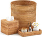 Teenyyou 3 Pcs Rattan Bathroom Accessories Set Wicker Trash Can, Natural Handwoven Trash Can Waste Paper Basket, Square Tissue Box Holder Toilet Vanity Tray, for Kitchen Office Organizer Decorative