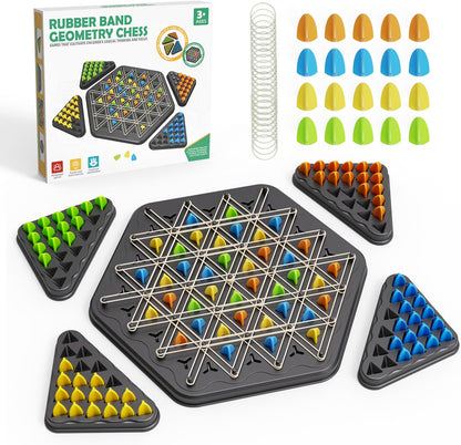 Hcusus Chain Triangle Chess Game, Strategy Board Game for Kids & Adults, 2-4 Player Triangle Rubber Band Game with 84 Pieces, 50 Rubber Bands & Storage Bag