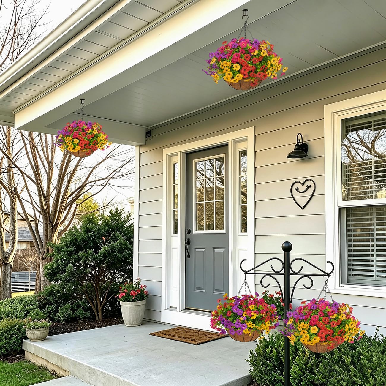2 Set Artificial Hanging Flowers with Baskets for Outdoor Decor