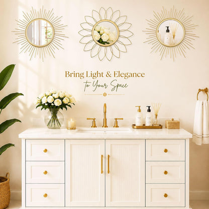 3 Pack Metal Mirrors for Wall Sunburst Wall Mirrors Home Décor Decorative Hanging Wall Art for Living Room Bedroom Entryway (Gold, Flower+Sunburst)