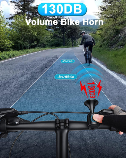 POWVINE Electric Bike Horn, 130dB Loud Bicycle Horn for 22.2–32mm Handlebars, IPX4 Waterproof Bike Bell with 2 CR2032 Batteries, Easy-Install Horn for Bikes, Scooters & E-Bikes, Black
