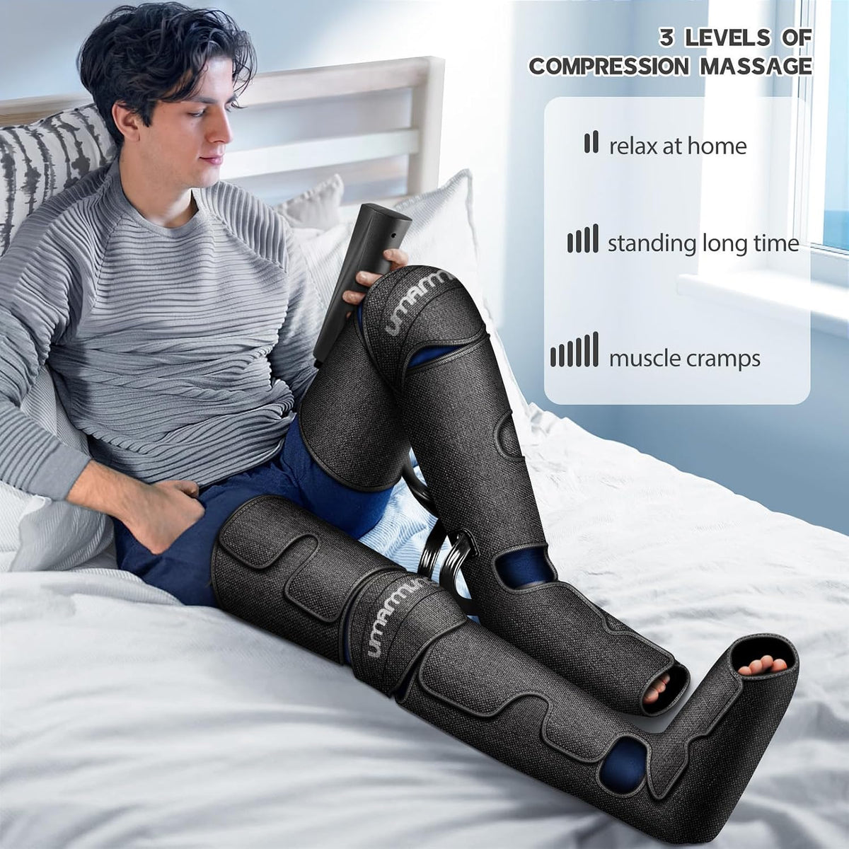 UMARMUNG Air Compression Leg Massager with Heat, Foot, Calf, Knee & Thigh Massage, 3 Pressure Modes, 3 Heat Levels, Adjustable Sleeves