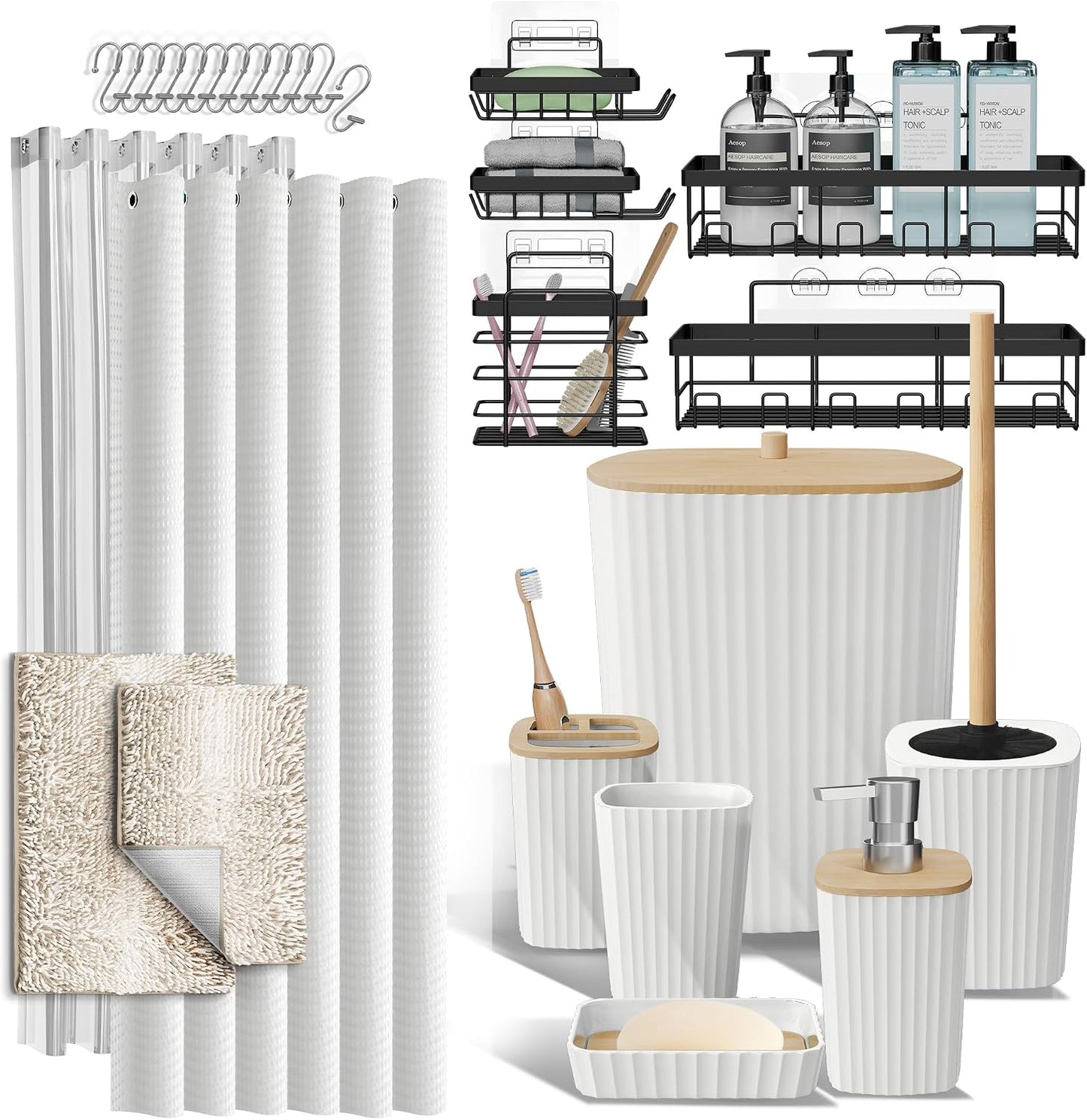 Clara Clark Black Bathroom Set, Shower Curtain Set, Bathroom Accessory Set