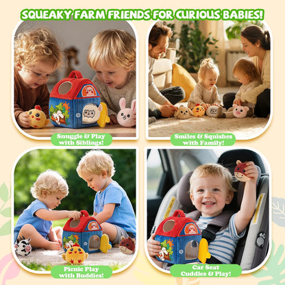 Montessori Farm Toy for Babies, Plush Barn with 7 Soft Animal Toys