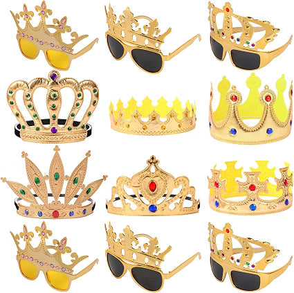 NICOWARM 12-Piece Crown Glasses & Crown Hats Party Set, 6 King & Queen Crown Sunglasses with 6 Adjustable Crown Hats, Royal Photo Props for Kids & Adults, Gold