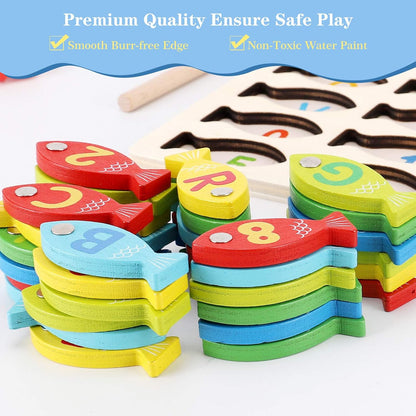 NASHRIO Magnetic Wooden Fishing Game for Kids, Alphabet & Number Fish Catching Puzzle, Wooden Preschool Learning Toy for Ages 3–5, ABC Math & Counting Educational Game