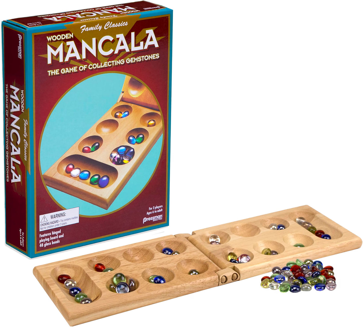 Pressman Mancala Board Game, Classic Strategy Game with 48 Glass Stones and Folding Wooden Board, 2-Player Game for Kids & Adults Ages 6+