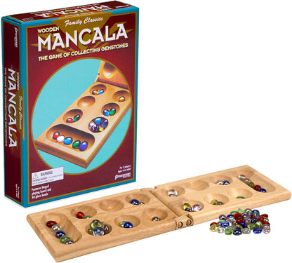 Pressman Mancala Board Game, Classic Strategy Game with 48 Glass Stones and Folding Wooden Board, 2-Player Game for Kids & Adults Ages 6+