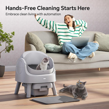 Mimfam Automatic Self Cleaning Litter Box, with 4 Pairs Infrared Senor, Open-Top Design for Multi-Cat Homes, Comes with Liner Bags and Cat Litter Mat, Grey