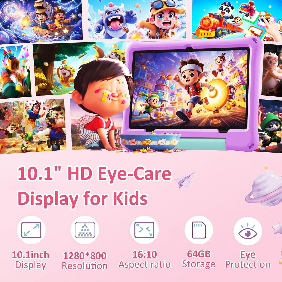 NextCheer 10.1-Inch Kids Tablet, Android 16, 6GB RAM, 64GB Storage, Expandable to 1TB, Dual-Band Wi-Fi, Parental Controls, Kids Tablet with Protective Case, Purple