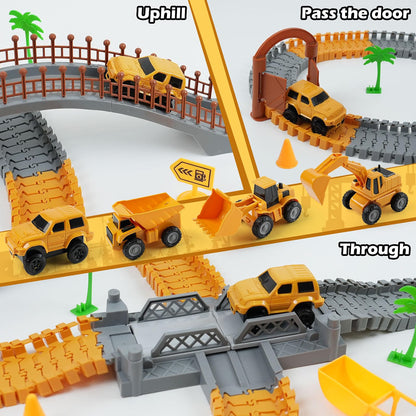 TGJH Construction Race Car Track Set for Kids, 220+ Piece Flexible Engineering Toy with 2 Electric Cars and 3 Construction Trucks, DIY Building Track Playset for Ages 3–7