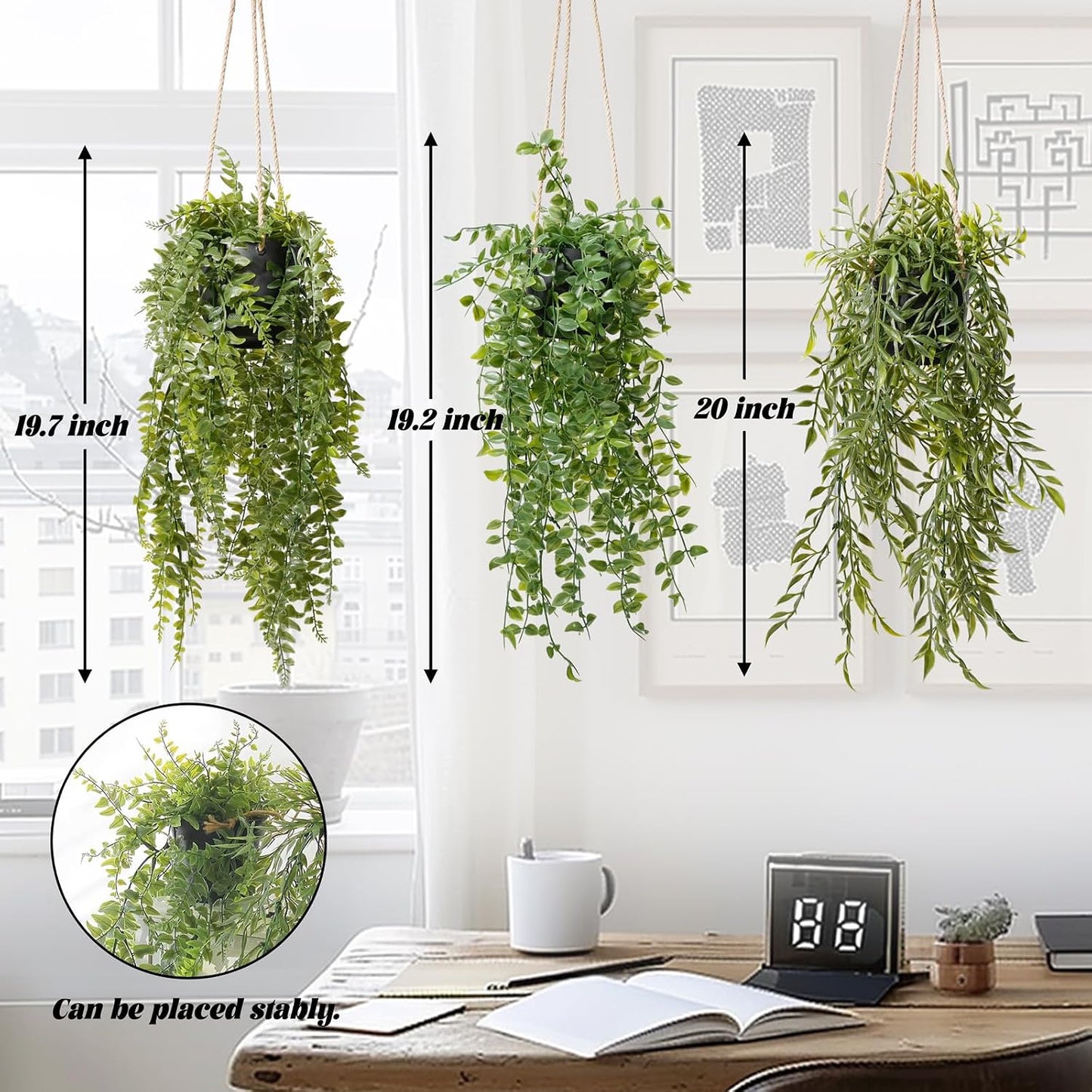 3 Packs Fake Hanging Plants with Black Pots for Wall Decor