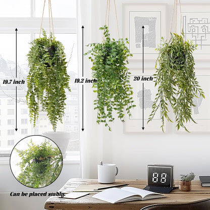 3 Packs Fake Hanging Plants with Black Pots for Wall Decor