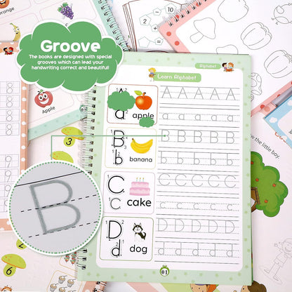 CosyCorner Magic Ink Copybooks for Kids, 4-Pack Reusable Handwriting Workbooks with 3D Grooves, Pen Holding Aid, Letters, Numbers & Math Practice