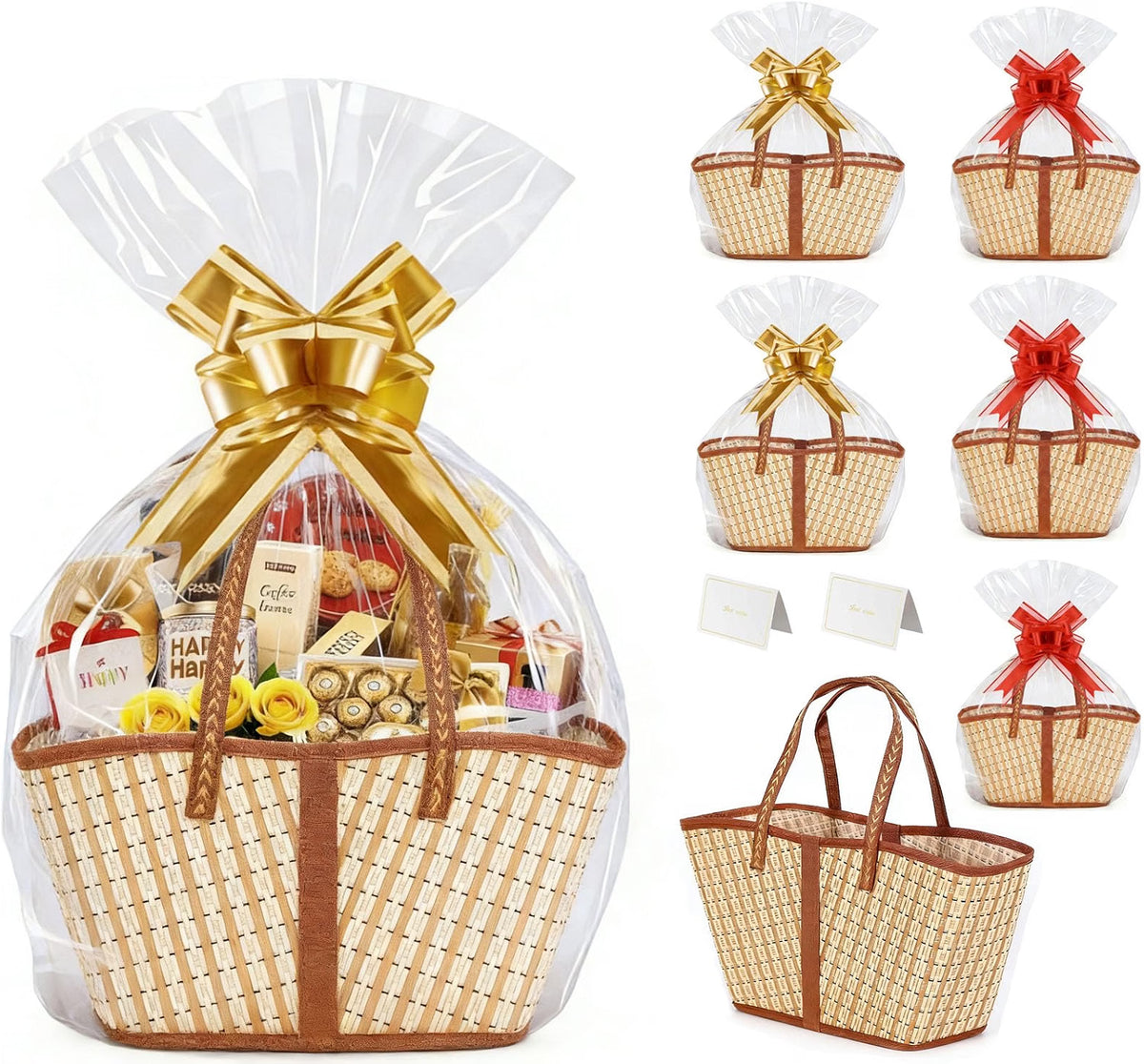 HyperionFlo Essentials 6-Piece Bamboo Gift Basket Set, Large Woven Empty Gift Baskets with Clear Bags, Bows, Cards & Kraft Tags, Khaki