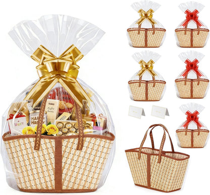 HyperionFlo Essentials 6-Piece Bamboo Gift Basket Set, Large Woven Empty Gift Baskets with Clear Bags, Bows, Cards & Kraft Tags, Khaki