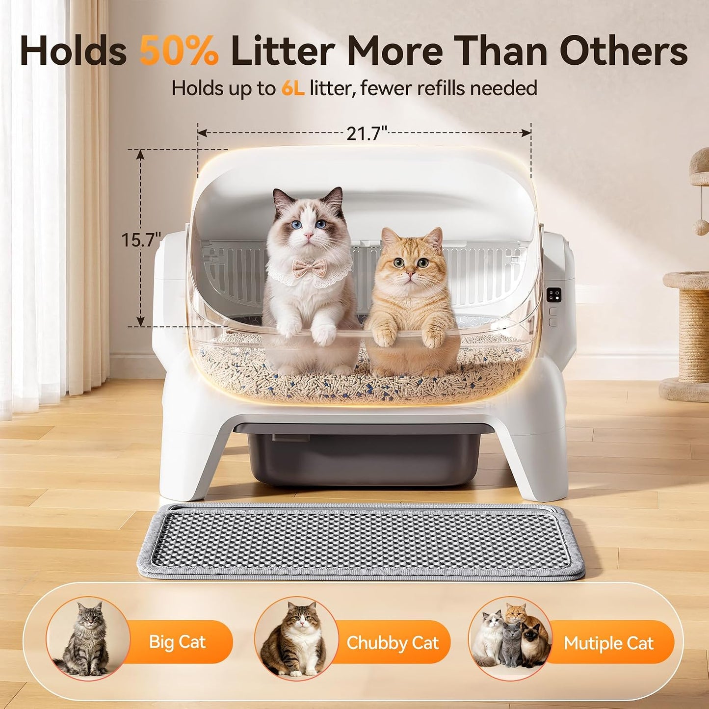 Meowant Extra Large Automatic Litter Box Infrared Scanning and Anti-Pinch Self Cleaning Litter Box for Multiple Cats, Open Top Design with APP Control, 12L Waste Bin, Odor Free, XXXL Space