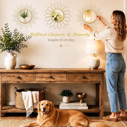 3 Pack Metal Mirrors for Wall Sunburst Wall Mirrors Home Décor Decorative Hanging Wall Art for Living Room Bedroom Entryway (Gold, Flower+Sunburst)