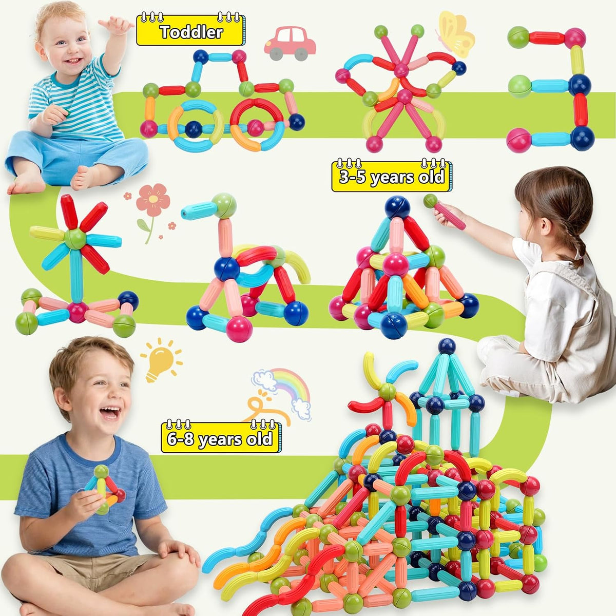 COUOMOXA Magnetic Building Blocks for Toddlers, 42-Piece STEM Educational Magnetic Stick Montessori Construction Set for Kids Ages 3-5, ABS Preschool Learning Toy for Boys & Girls