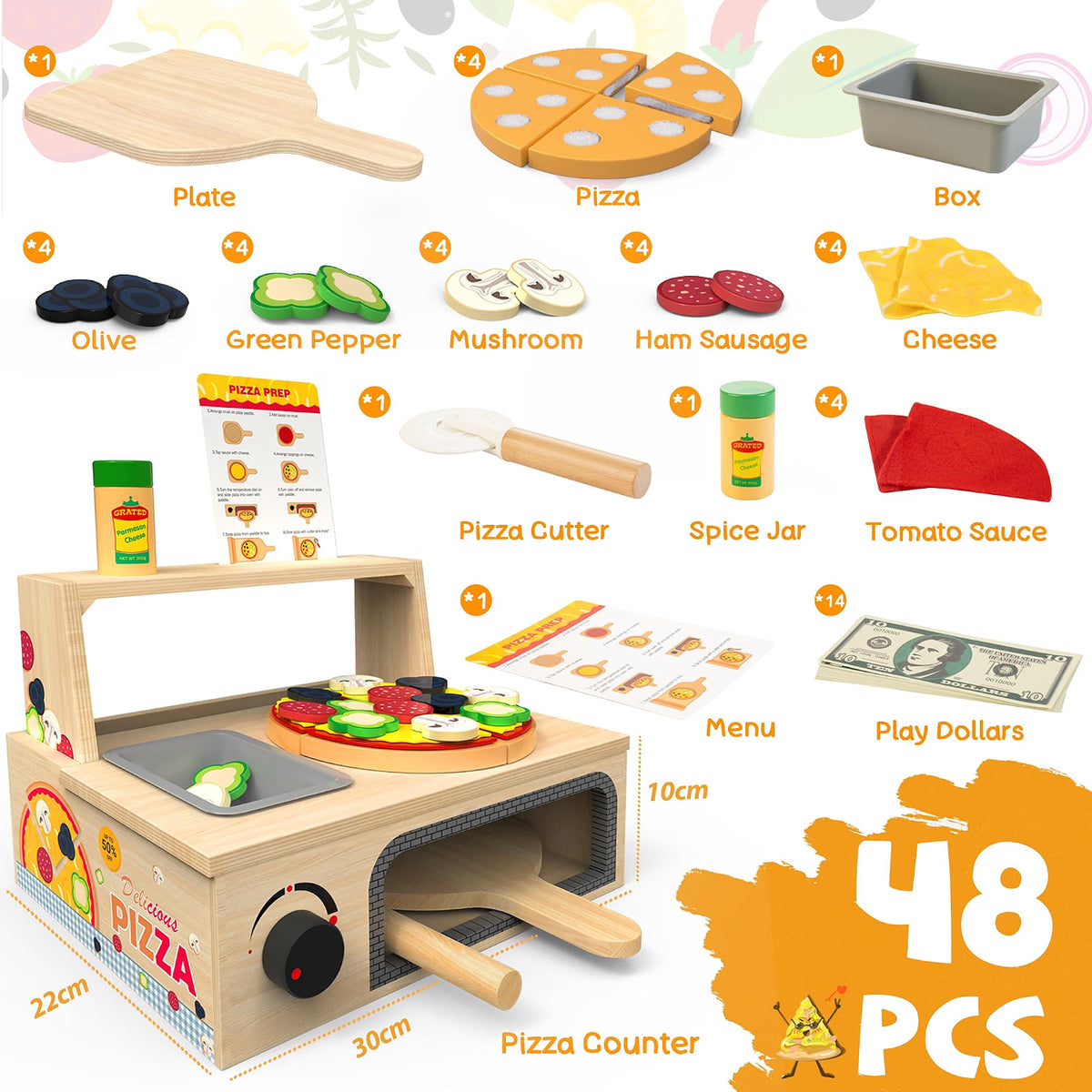 WOODMAM Wooden Pizza Toy, 48-Piece Montessori Pretend Play Food Set with Rotating Pizza Counter & Oven, Play Money & Menu for Kids Ages 3+, Multicolor