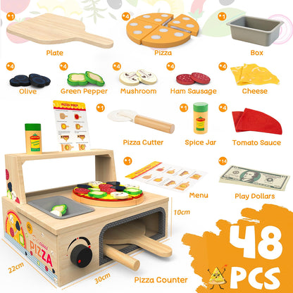WOODMAM Wooden Pizza Toy, 48-Piece Montessori Pretend Play Food Set with Rotating Pizza Counter & Oven, Play Money & Menu for Kids Ages 3+, Multicolor