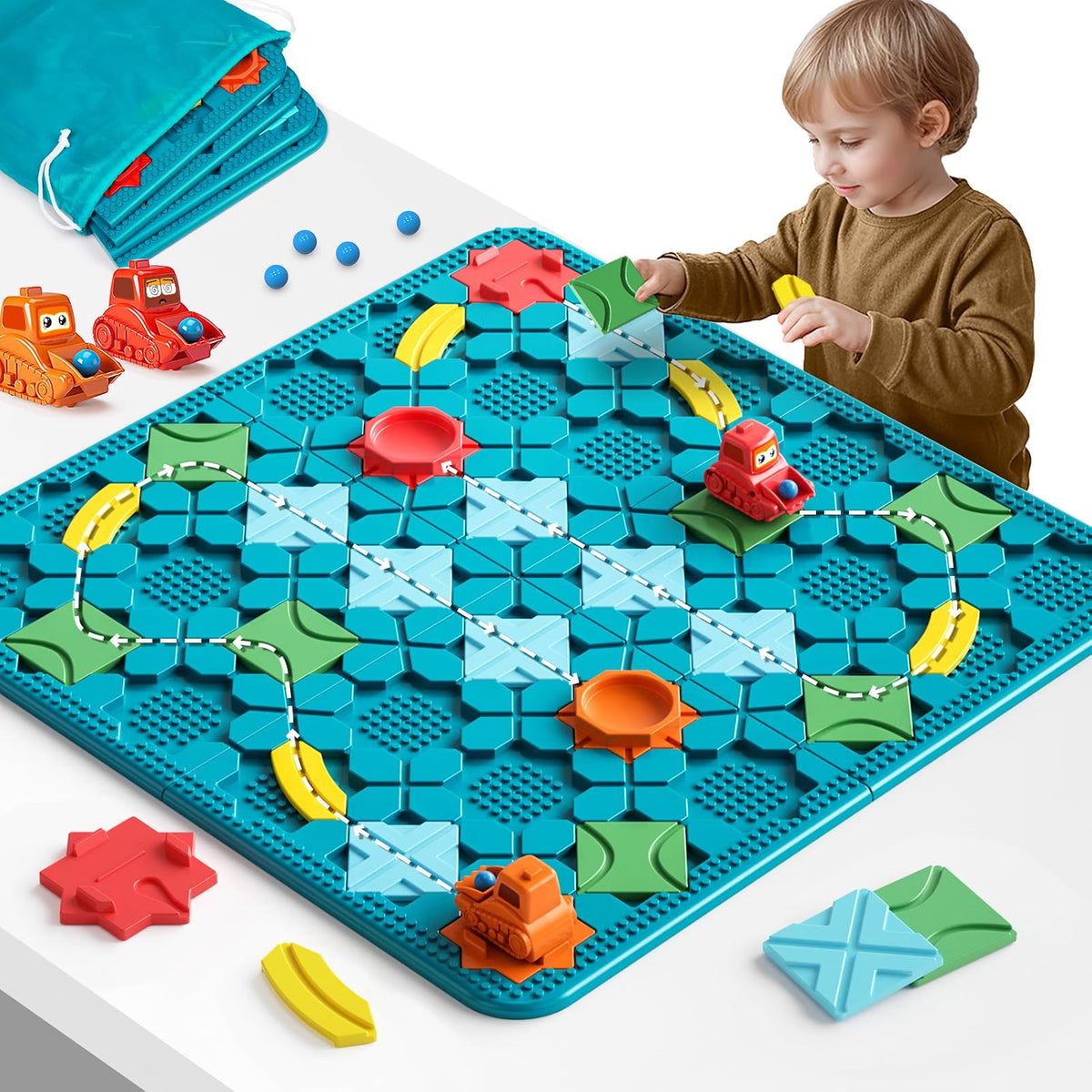 burgkidz STEM Logical Road Builder Board Game, Large 22.05" x 22.05" Maze Puzzle with 200+ Challenges, 3 Game Modes, Pull-Back Cars & Marbles, Educational Toy for Kids Ages 4-8