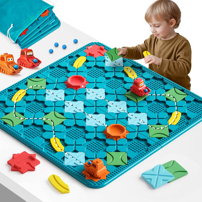 burgkidz STEM Logical Road Builder Board Game, Large 22.05" x 22.05" Maze Puzzle with 200+ Challenges, 3 Game Modes, Pull-Back Cars & Marbles, Educational Toy for Kids Ages 4-8