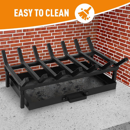 Fireplace Grate with Ash Pan & Log Holder, 20 inch Heavy-Duty Cast Iron,Fireplace Log Holder for Ash Catching, Log Holding,Fire Pit,Wood Burning Stove,Indoor Outdoor