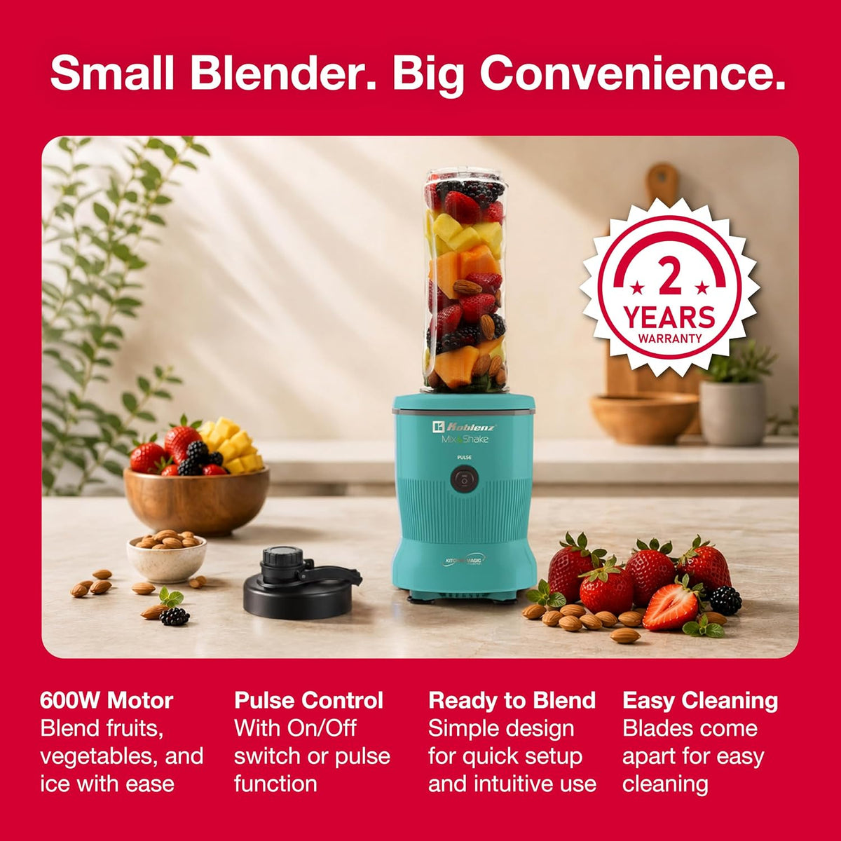 Koblenz MSKM-600 V Mix&Shake Personal Blender, Shakes 600W Portable Blender for Smoothies and Shakes, Pulse, BPA-Free To-Go Cup, Sealable Lid, Metal Coupling, Green, MSKM-600 V