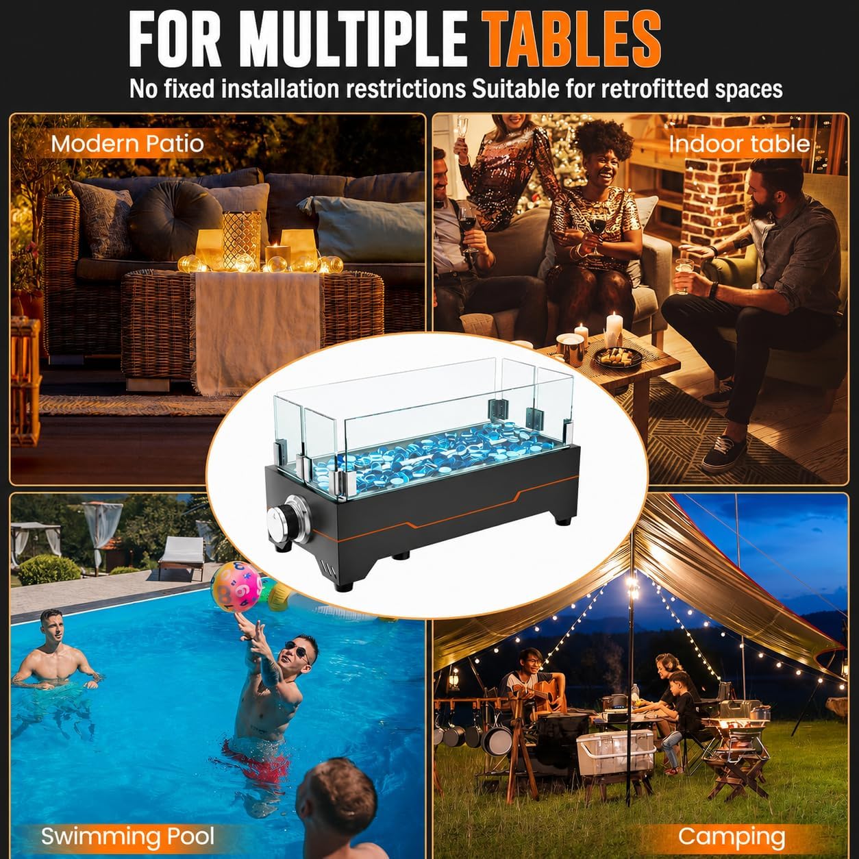 GRISUN 15 Inch Propane Tabletop Fire Pit, 30,000 BTU with Glass Wind Guard