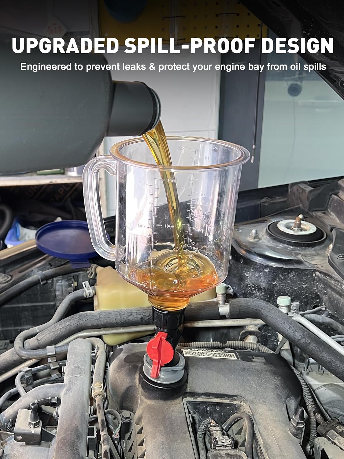 SMART JERRY Engine Oil Funnel Kit, Spill-Proof Oil Change Funnel with 12 Adapters, 1.6-Quart Capacity, Flow Control Valve, Magnetic Organizer Boards & 45° Elbows